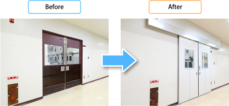 クリーンルームの出入口を気密スライドドアに改修して利便性の向上と差圧管理強化